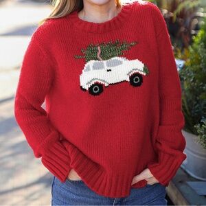 Wooden Ships Red Sweater with Car and Tree Design